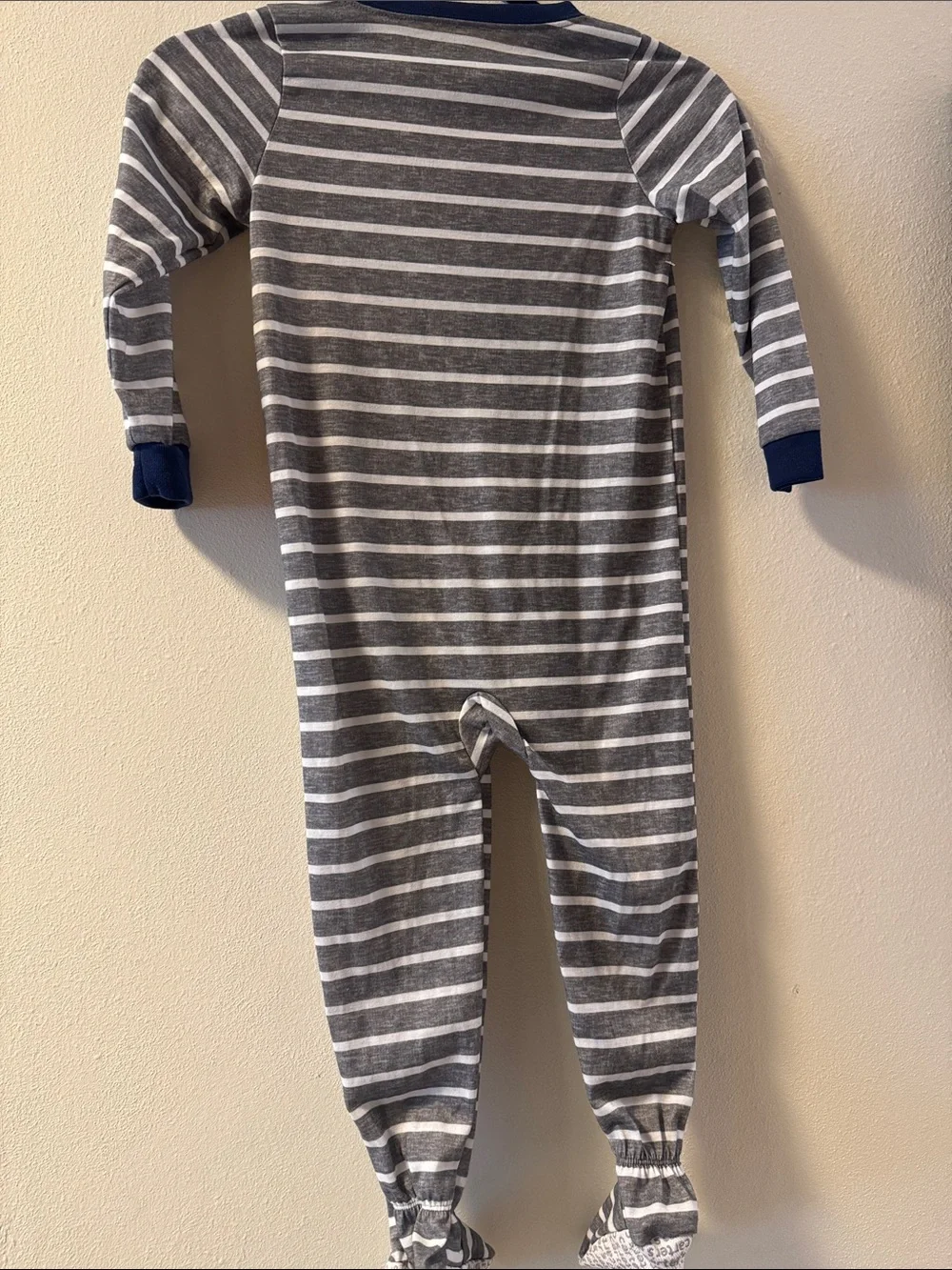 Carter's Gray & White Striped Footed One-Piece with Red Fire Truck Applique